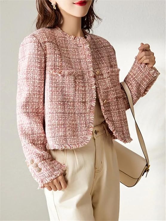 Pink Tweed Fringe-Trim Cropped Jacket