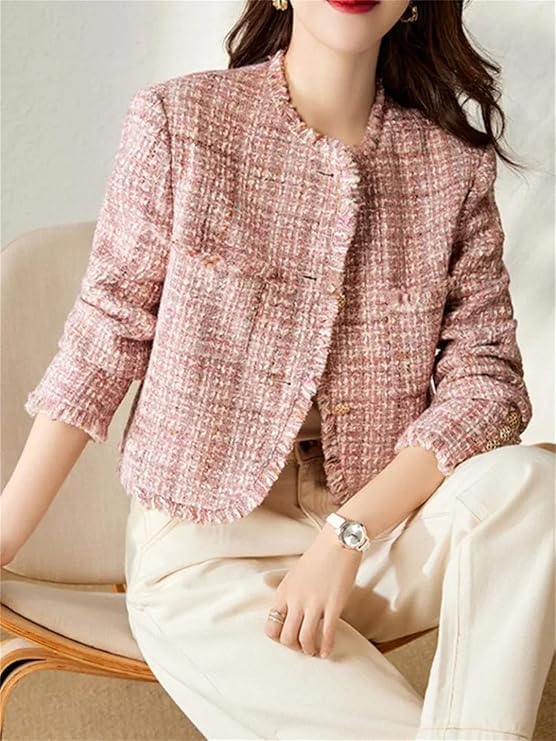 Pink Tweed Fringe-Trim Cropped Jacket