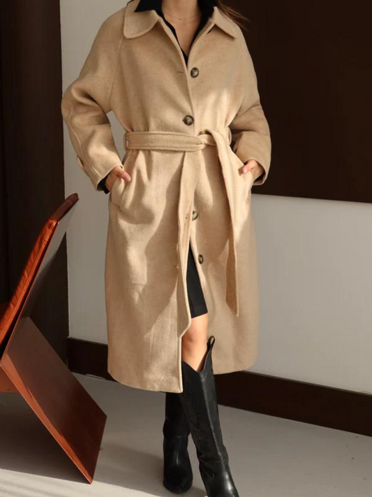 Beige Oversized Belted Wool-Blend Coat