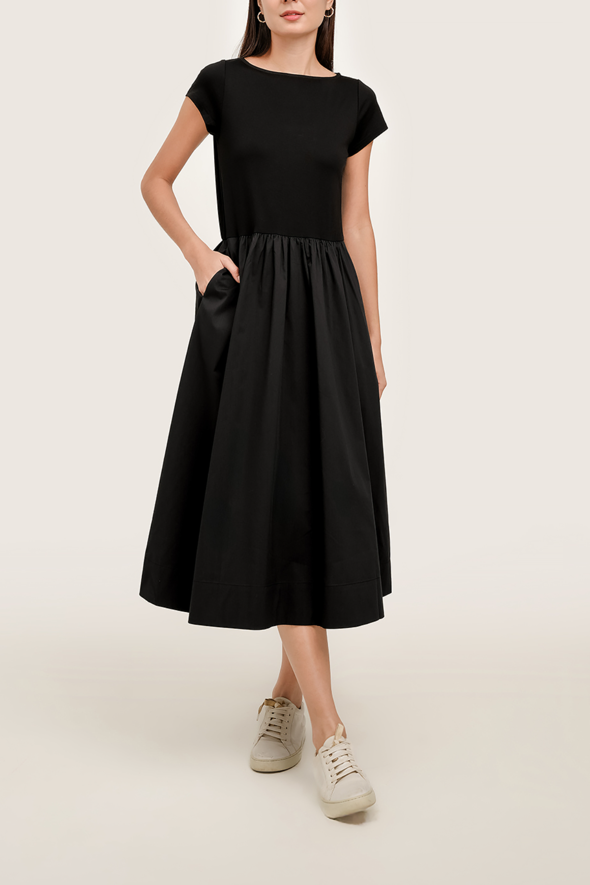 Black Mixed-Media Boat Neck Midi Dress