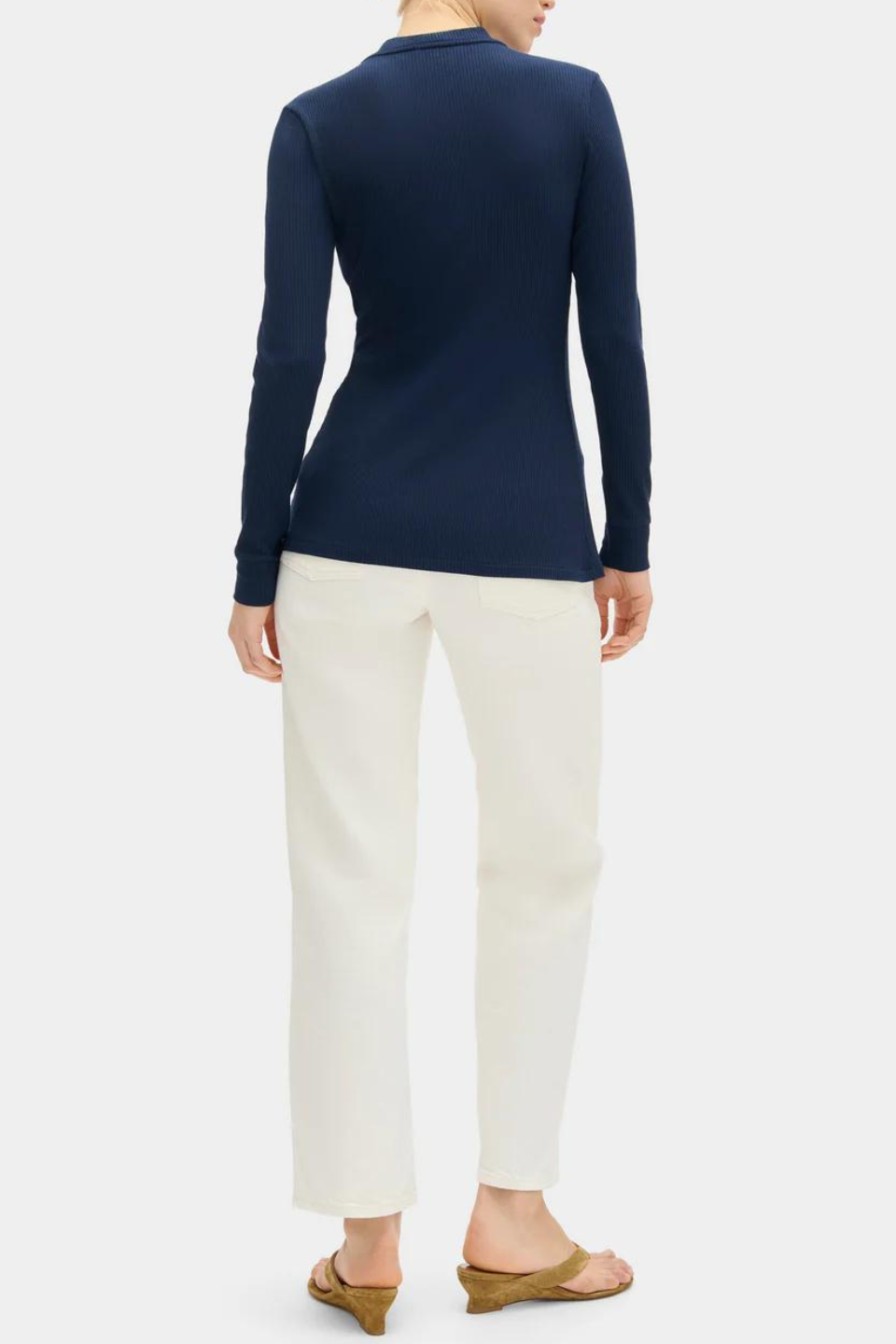 Navy Ribbed Knit Button-Front Long Sleeve Top