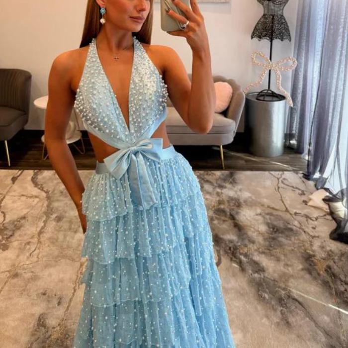 Sky Blue Beaded Tiered Halter Maxi Dress