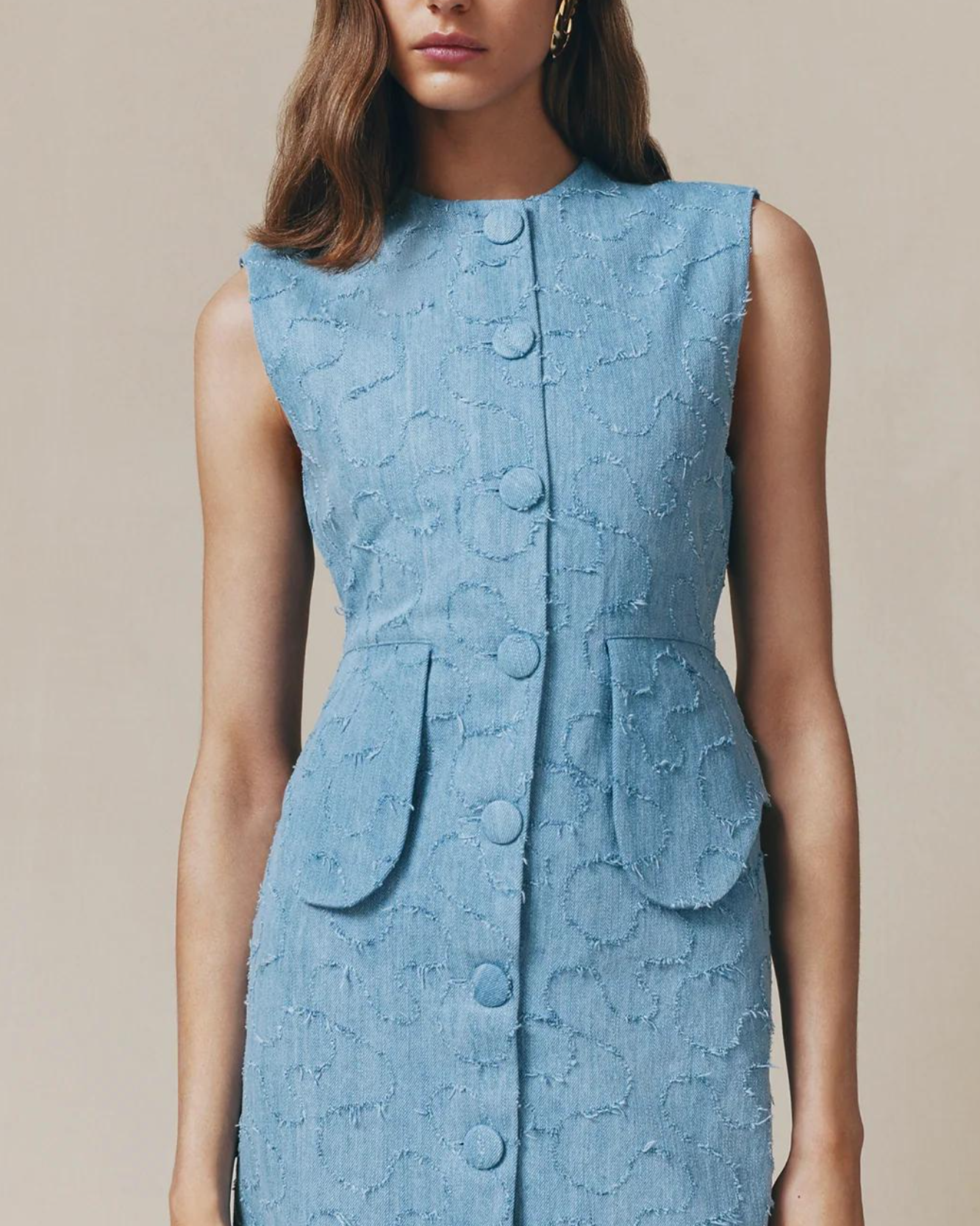 Light Blue Textured Fringed Sleeveless Midi Dress