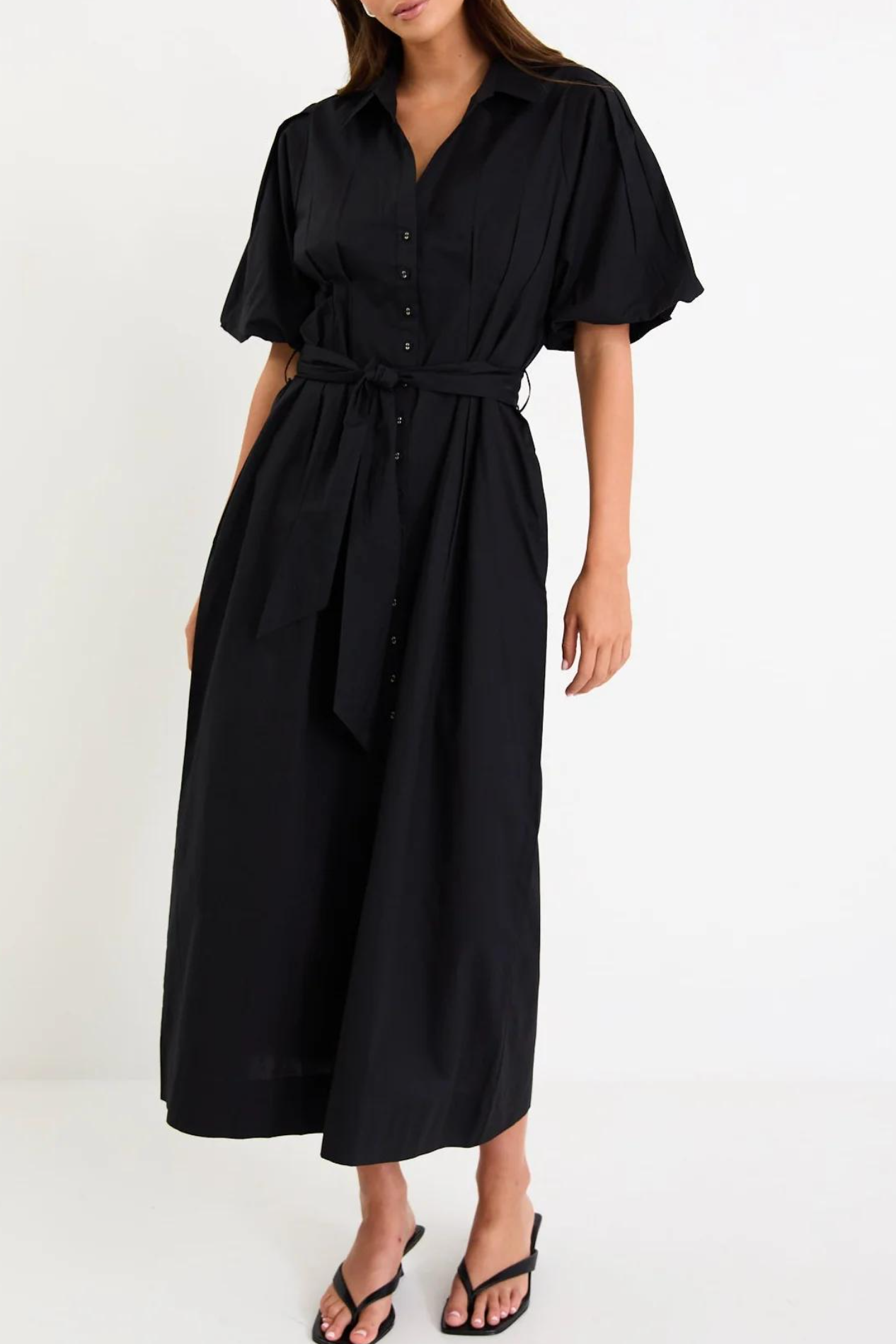 Black Belted Puff Sleeve Midi Shirt Dress
