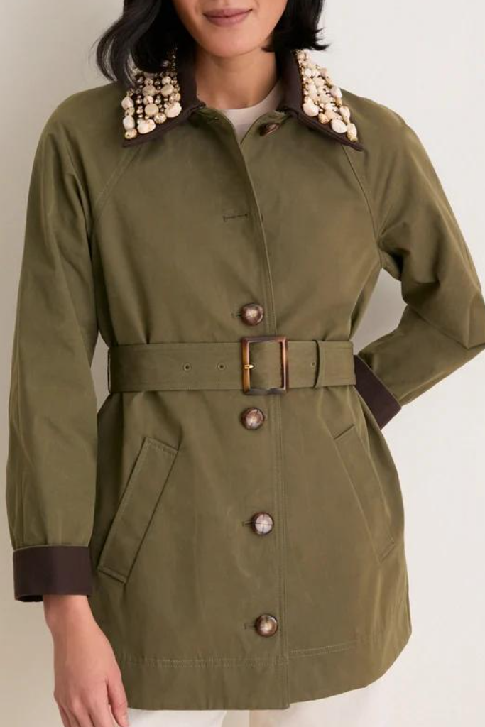 Olive Green Embellished Collar Belted Trench Coat