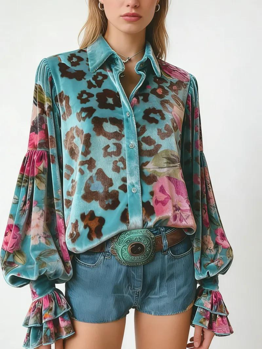 Turquoise Velvet Leopard & Floral Blouse