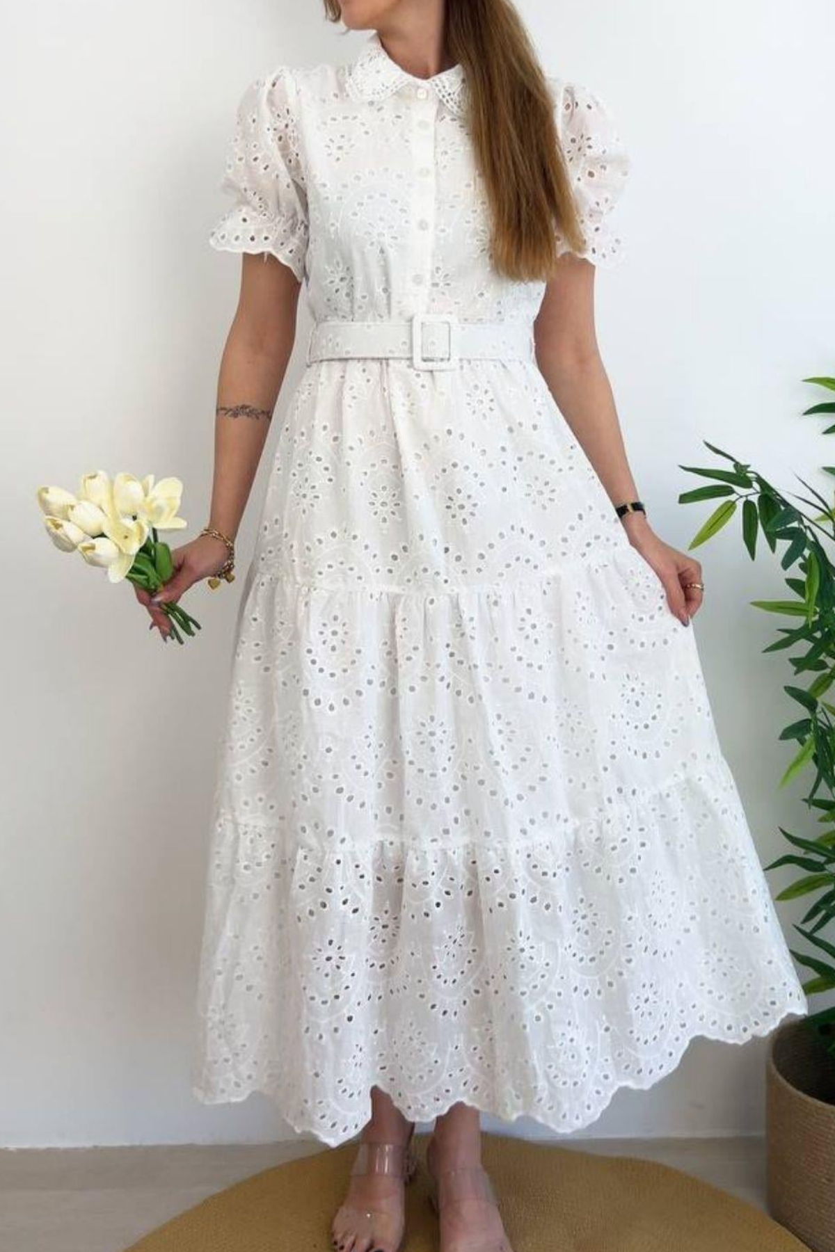 White Eyelet Short Sleeve Midi Shirt Dress