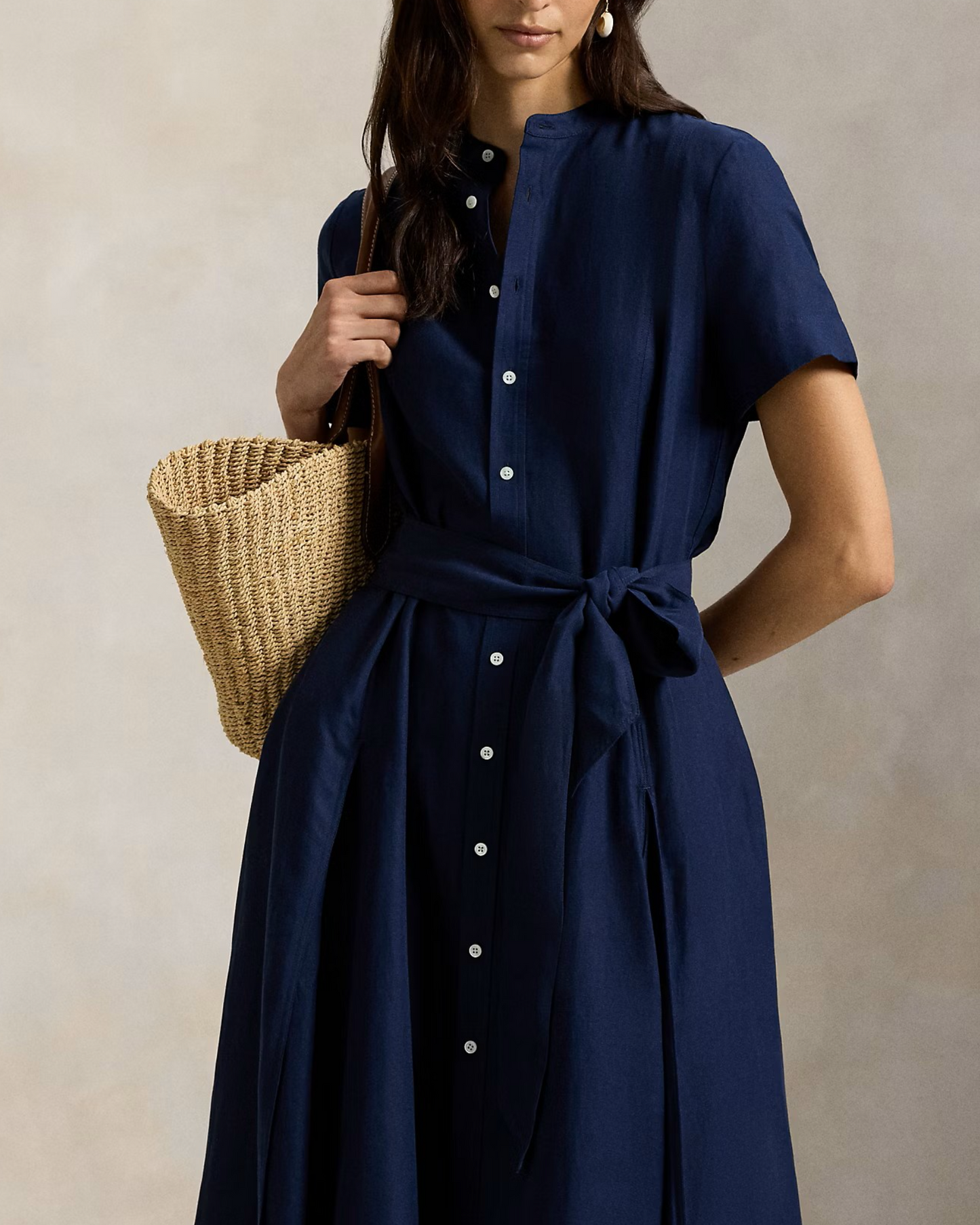 Navy Blue Linen Belted Midi Shirt Dress