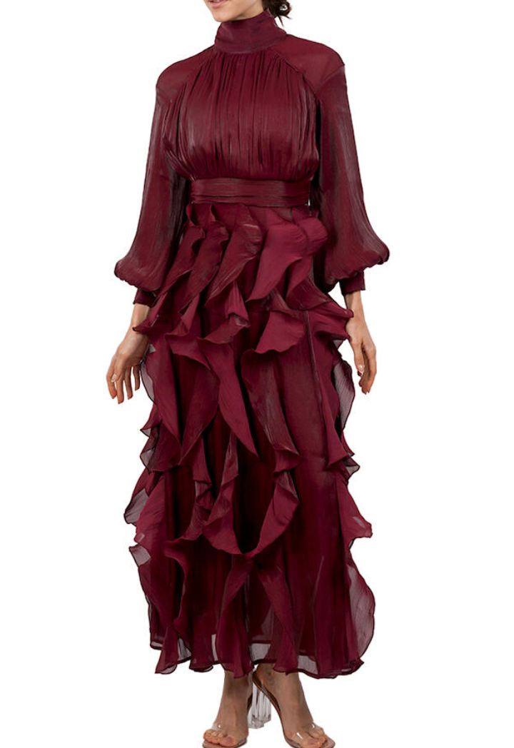 Burgundy Ruffled High-Neck Maxi Dress
