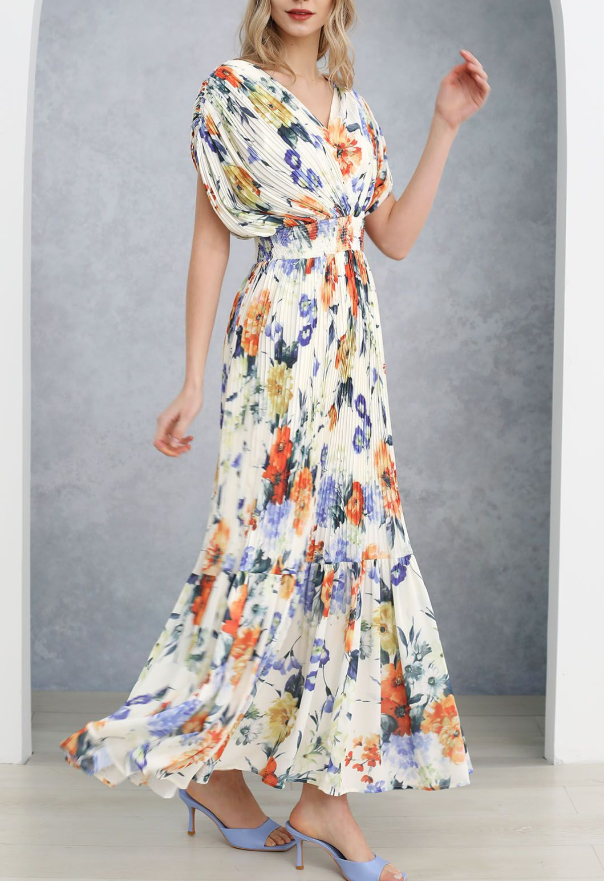 Vibrant Floral Print Pleated Tiered Maxi Dress