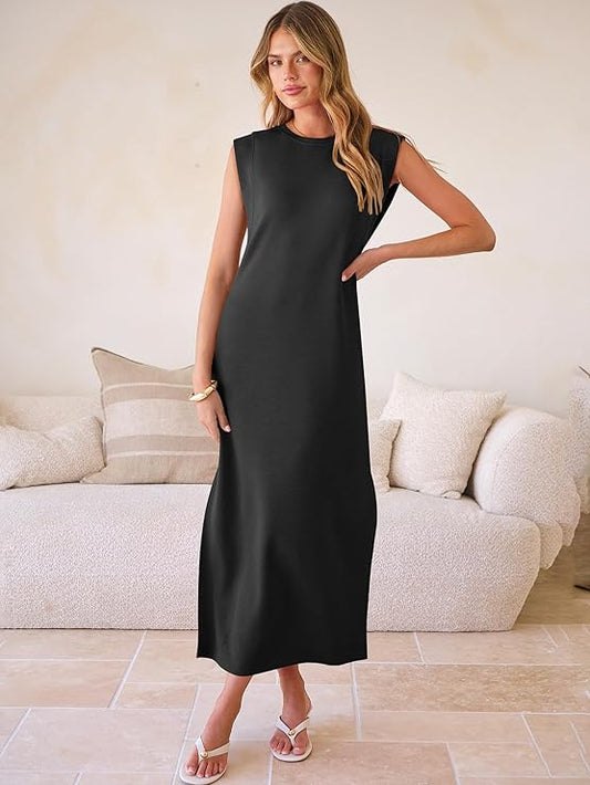 Premium Black Sleeveless Midi T-Shirt Dress