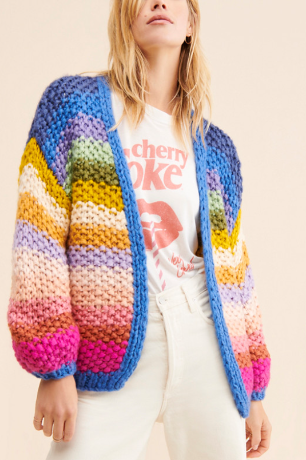 Rainbow Stripe Chunky Knit Open-Front Cardigan