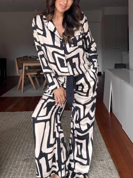 Black & Cream Abstract Print Satin Loungewear Set