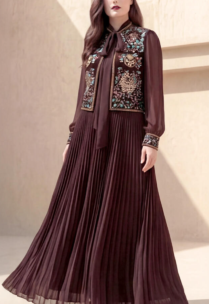 Burgundy Embellished Pleated Set