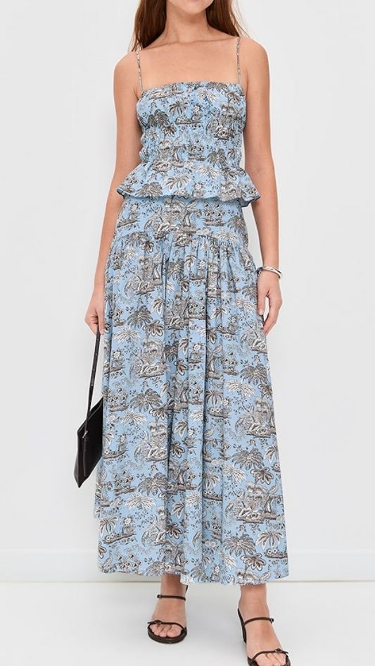 Light Blue Toile de Jouy High-Waisted Pleated Midi Skirt