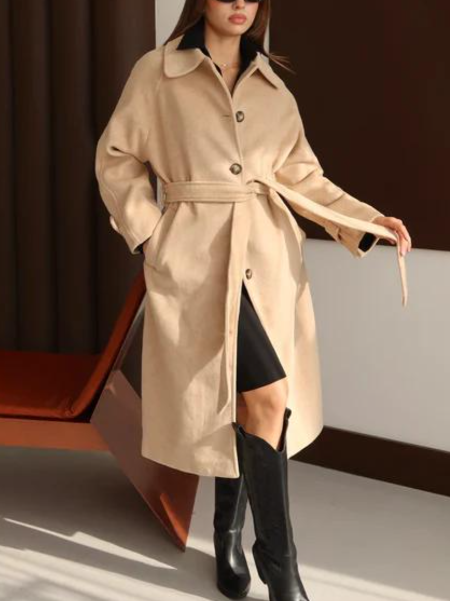Beige Oversized Belted Wool-Blend Coat