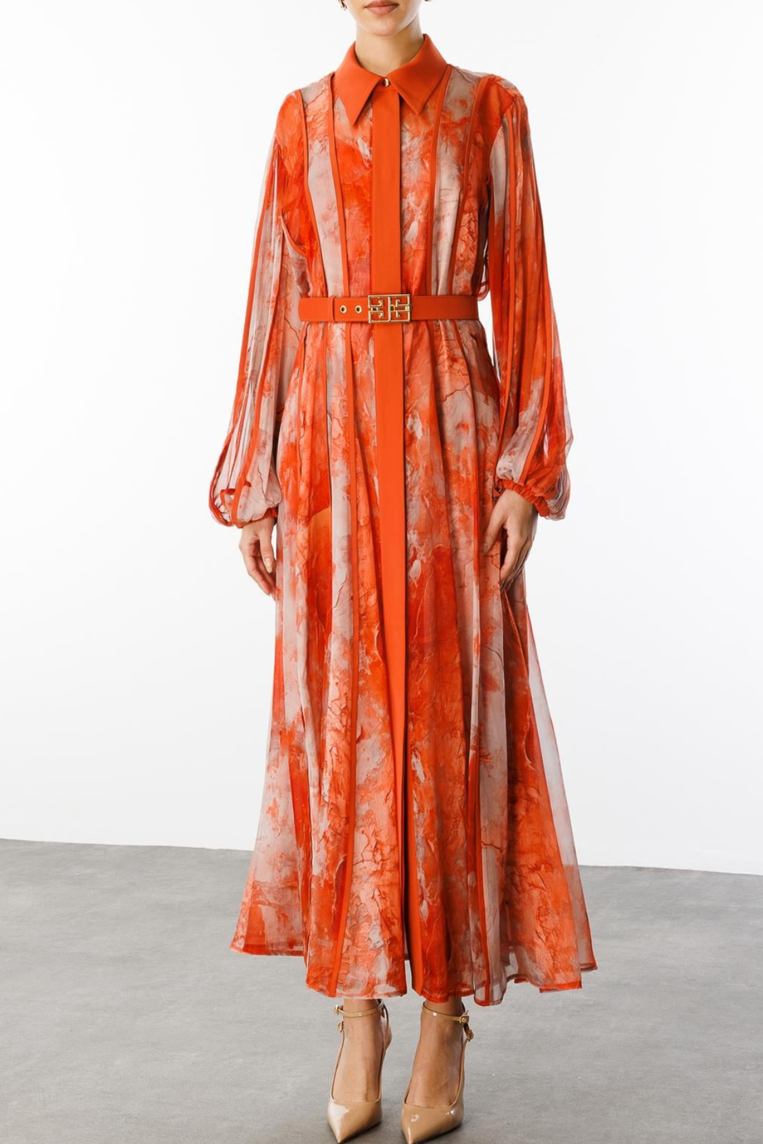 Orange Watercolor Print Organza Maxi Dress