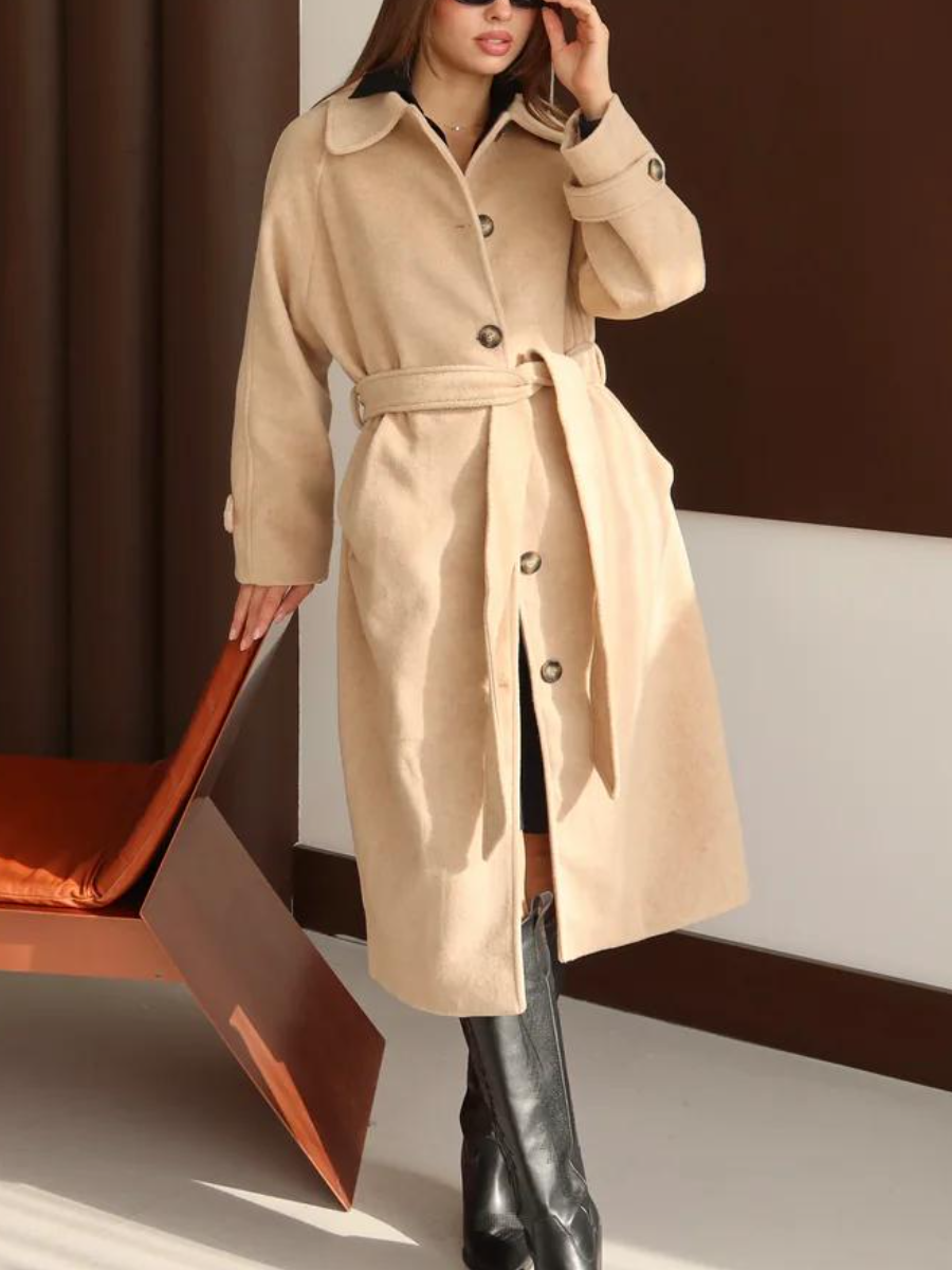 Beige Oversized Belted Wool-Blend Coat
