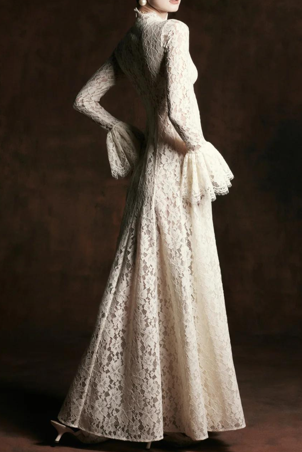 Ivory Lace High-Neck Flare-Sleeve Maxi Gown