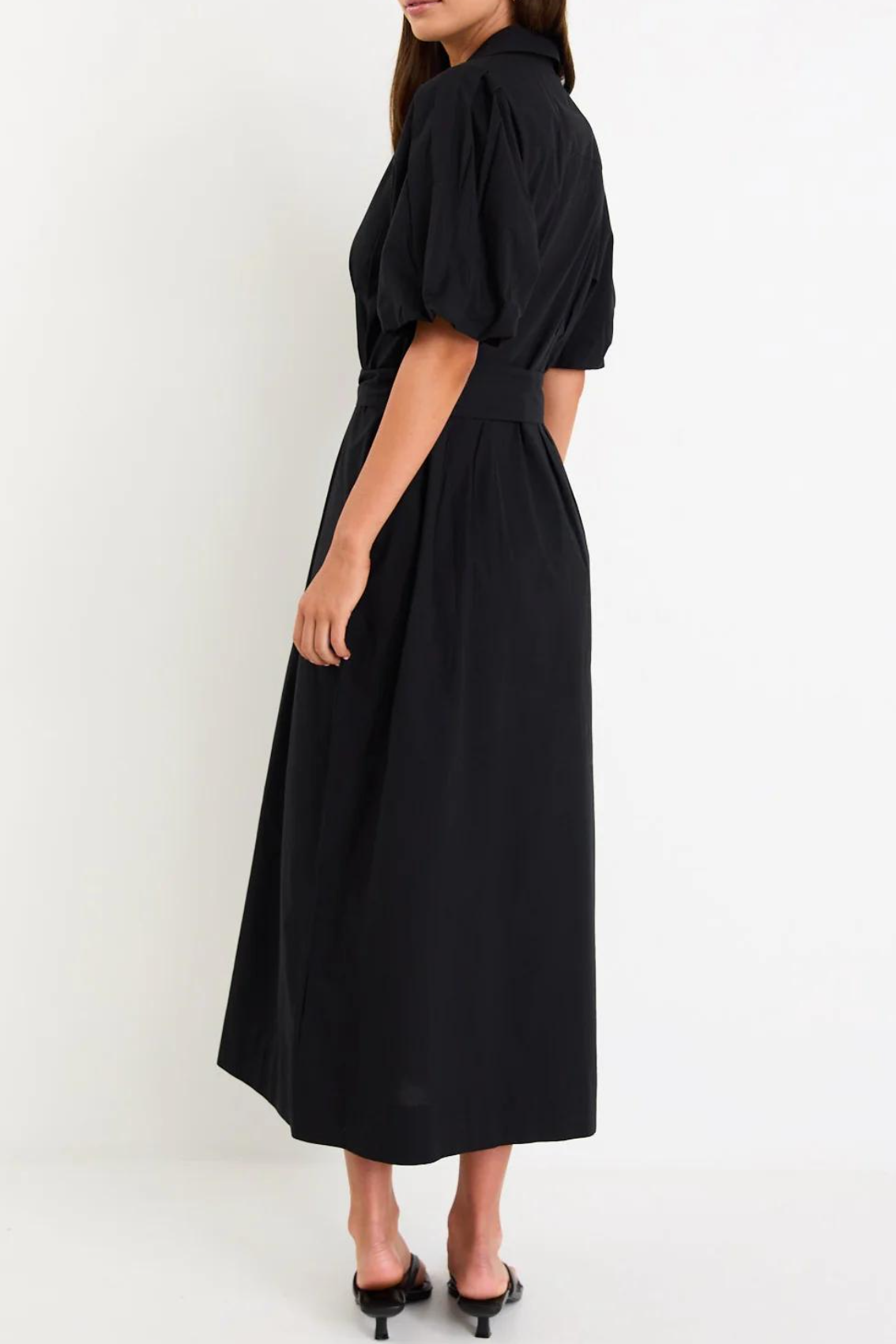 Black Belted Puff Sleeve Midi Shirt Dress