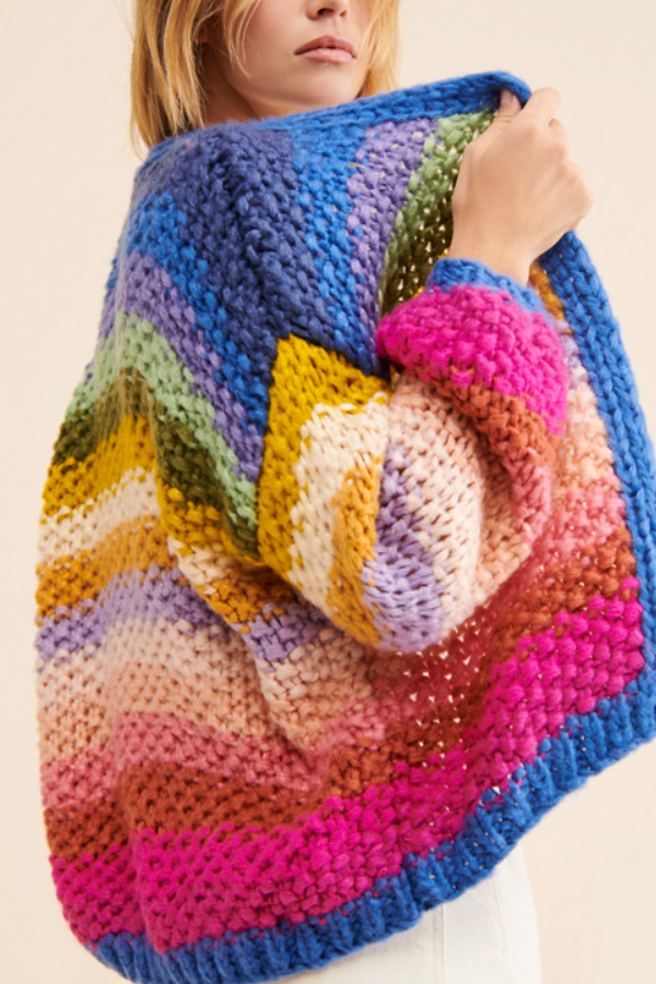 Rainbow Stripe Chunky Knit Open-Front Cardigan