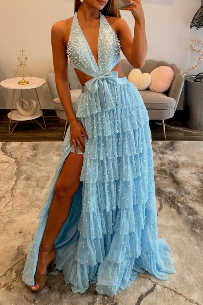 Sky Blue Beaded Tiered Halter Maxi Dress