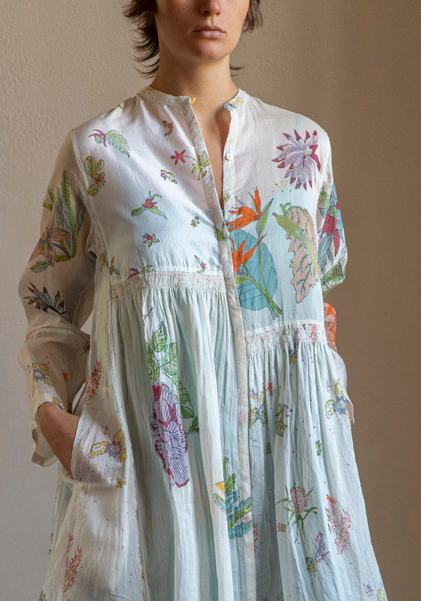 White Tropical Floral Print Tiered Maxi Shirt Dress