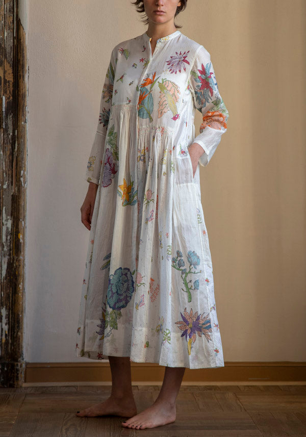 White Tropical Floral Print Tiered Maxi Shirt Dress