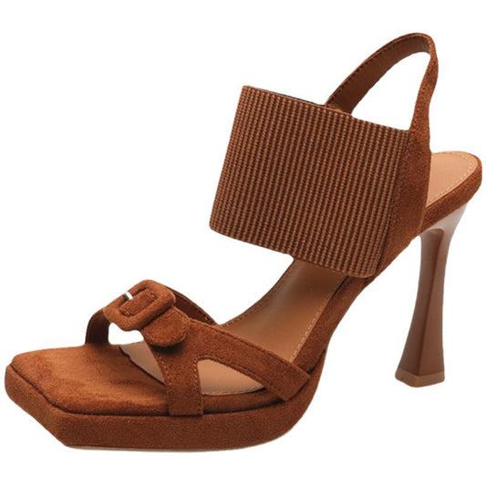 Camel Suede Platform Heeled Sandals