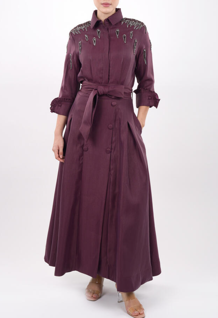 Plum Beaded Shoulder Shirt Maxi Dress