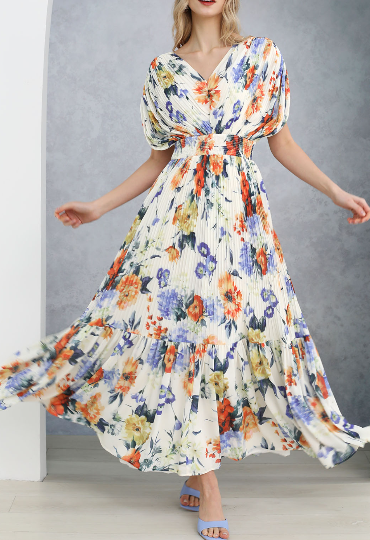 Vibrant Floral Print Pleated Tiered Maxi Dress