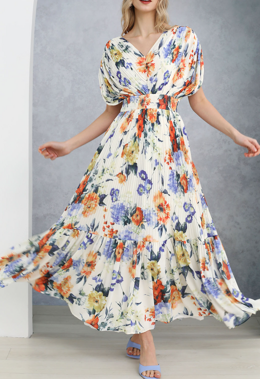 Vibrant Floral Print Pleated Tiered Maxi Dress