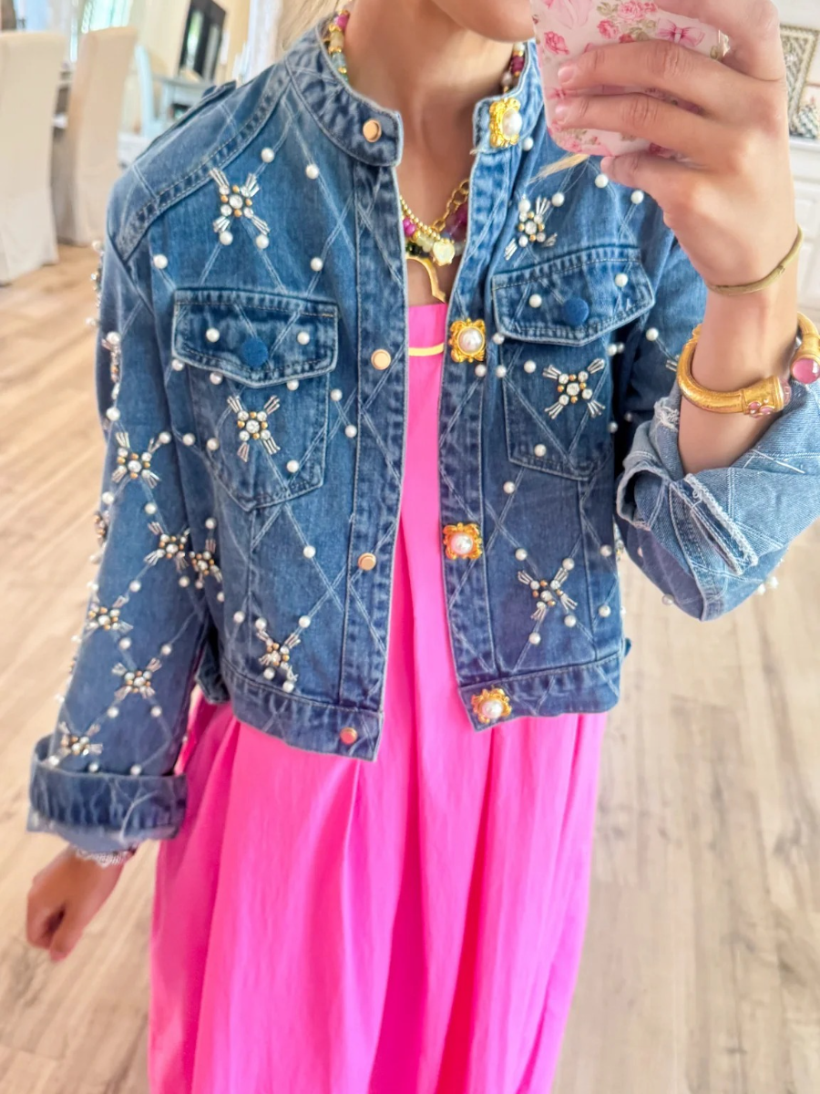 Pearl And Rhinestone Embellished Denim Jacket