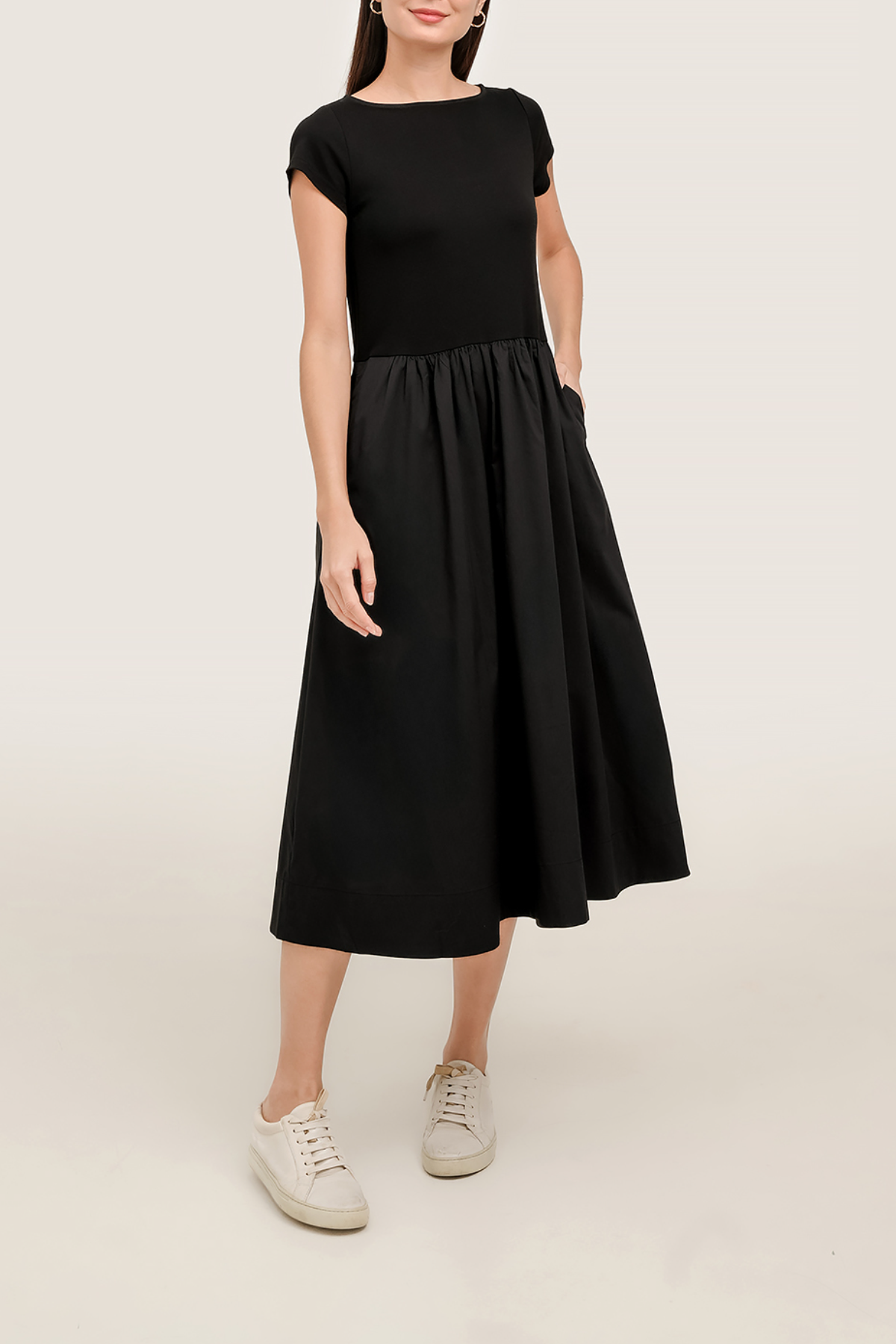 Black Mixed-Media Boat Neck Midi Dress