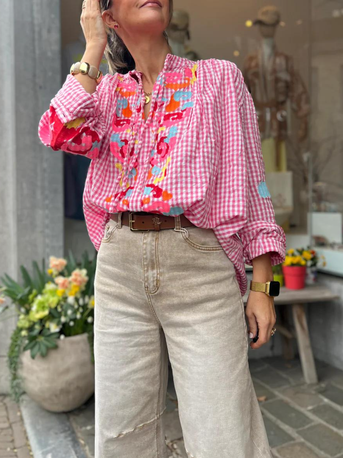 Premium Pink Gingham Embroidered Blouse