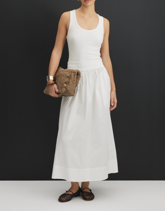 White Smocked Waist Cotton Midi Skirt