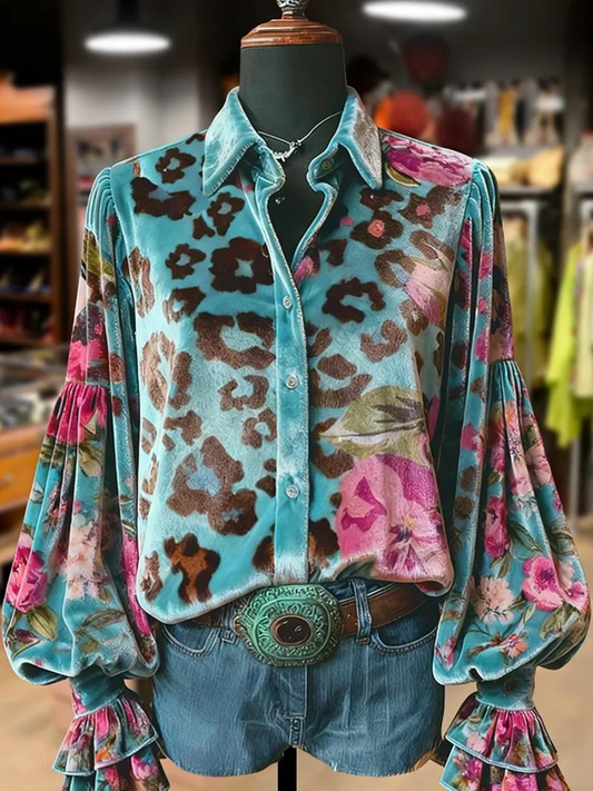 Turquoise Velvet Leopard & Floral Blouse