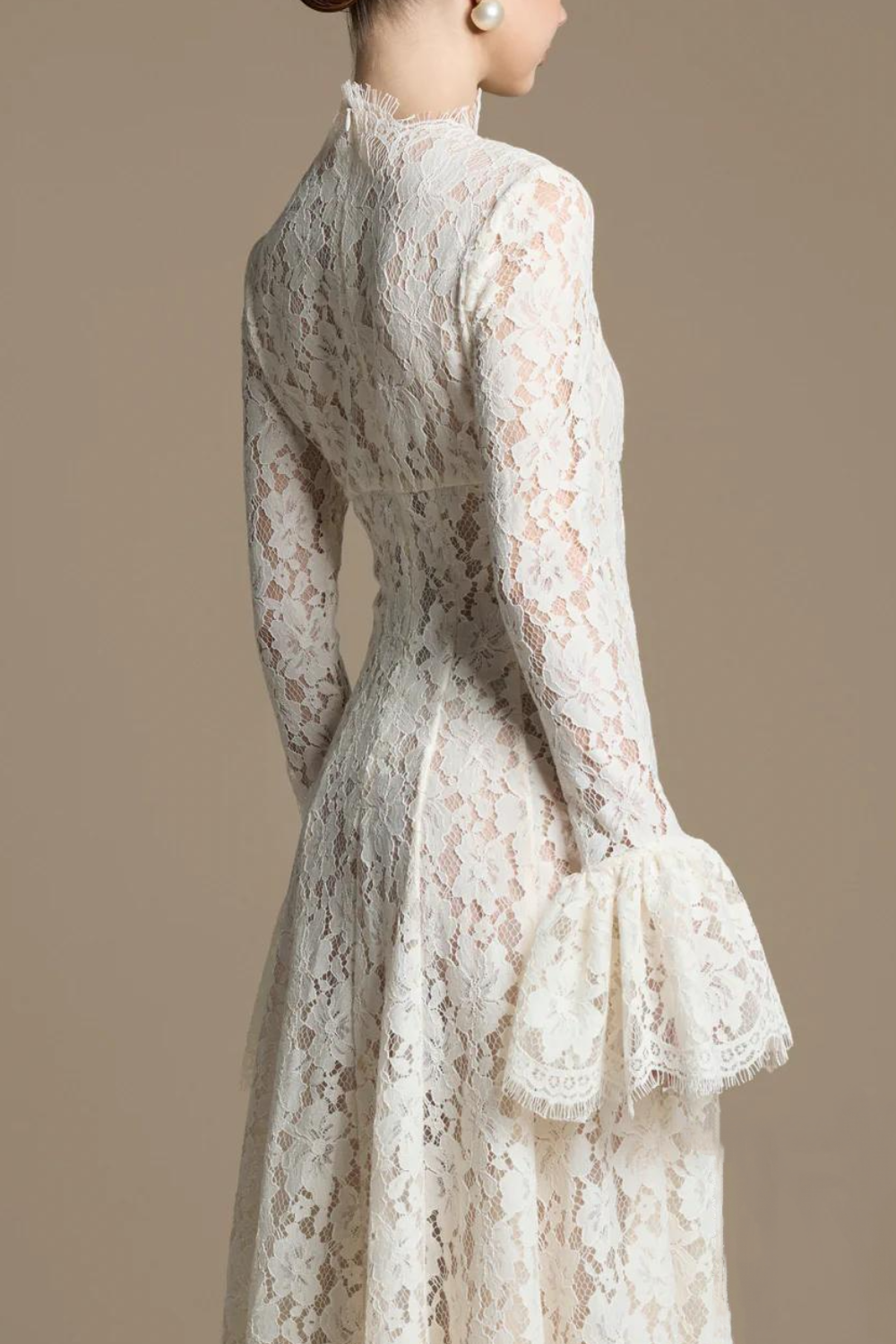 Ivory Lace High-Neck Flare-Sleeve Maxi Gown