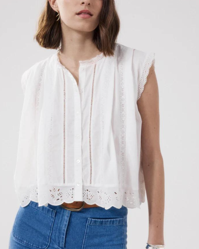 White Broderie Anglaise Sleeveless Cropped Blouse