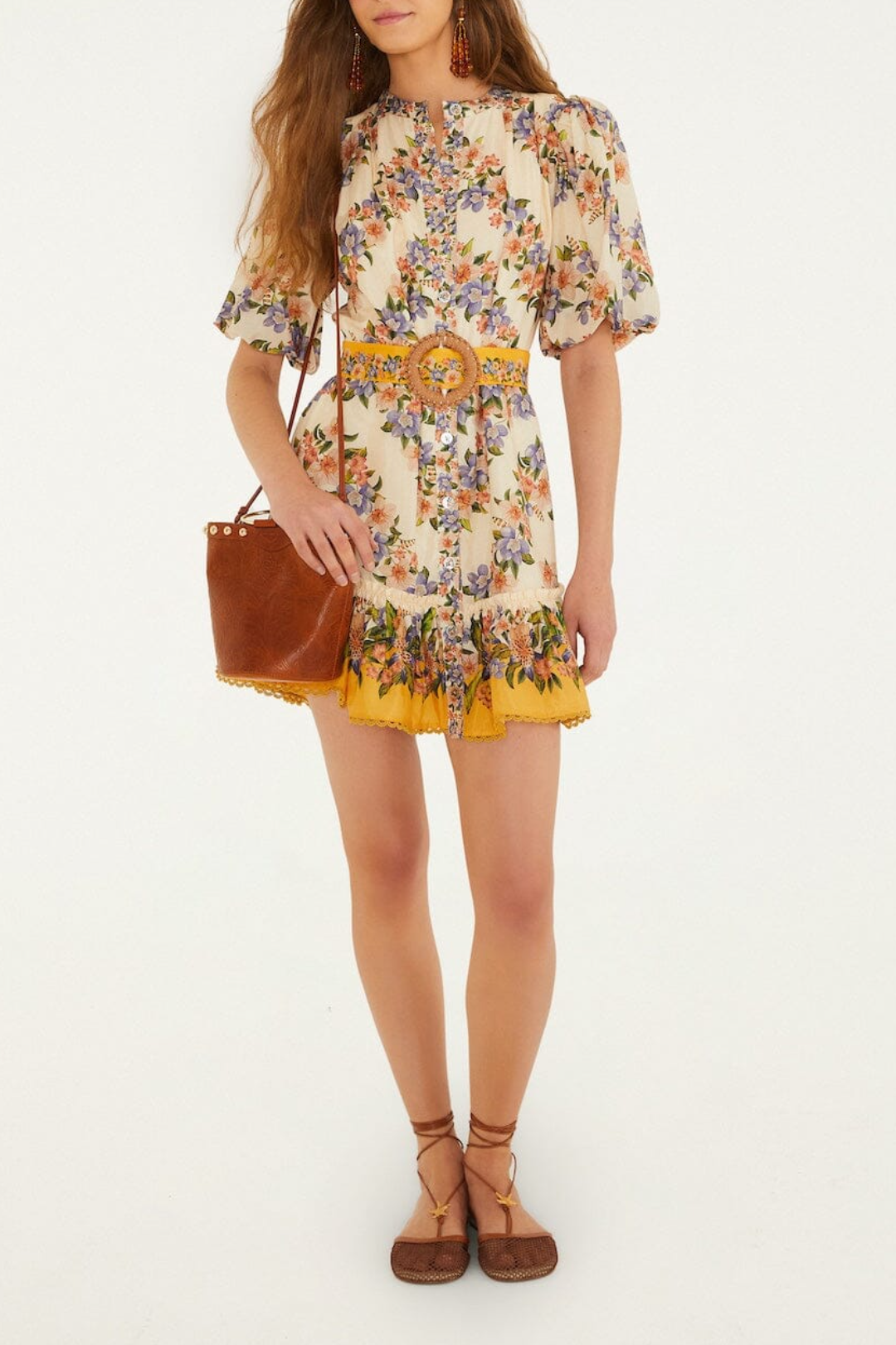 Boho Floral Print Belted Mini Shirt Dress