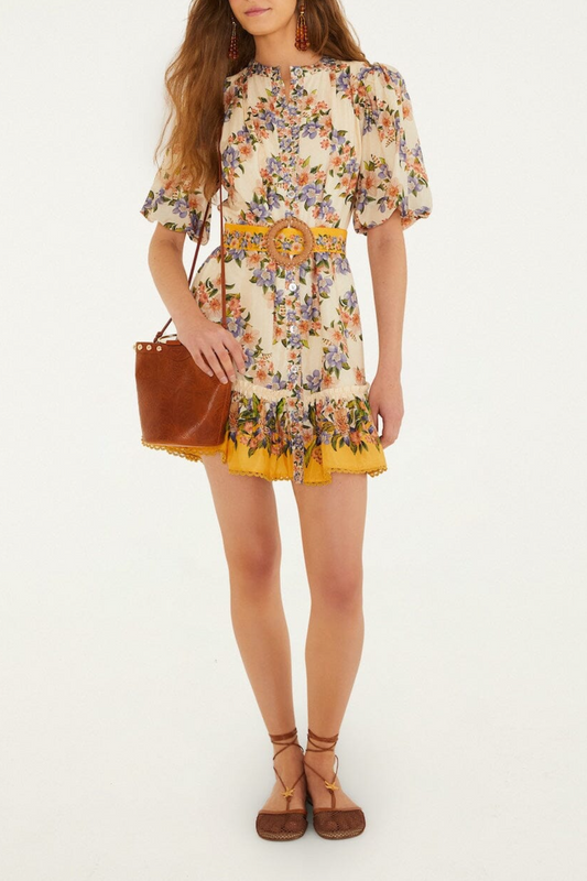 Boho Floral Print Belted Mini Shirt Dress