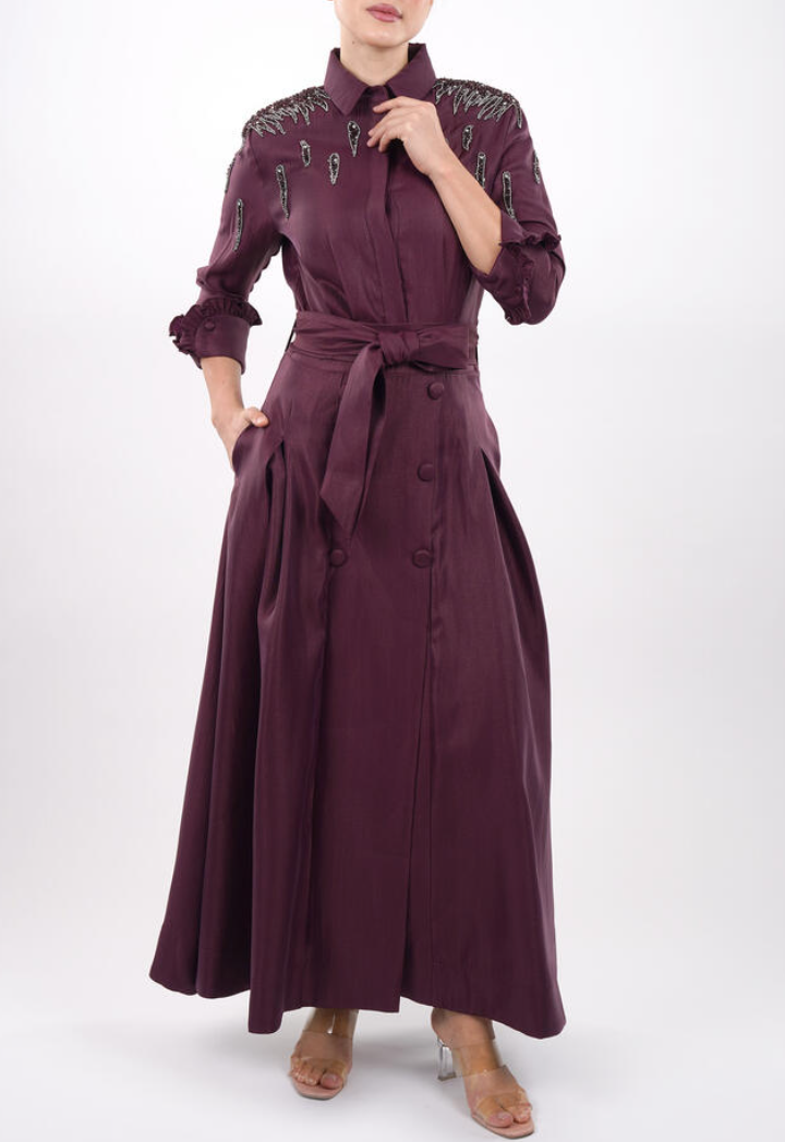 Plum Beaded Shoulder Shirt Maxi Dress
