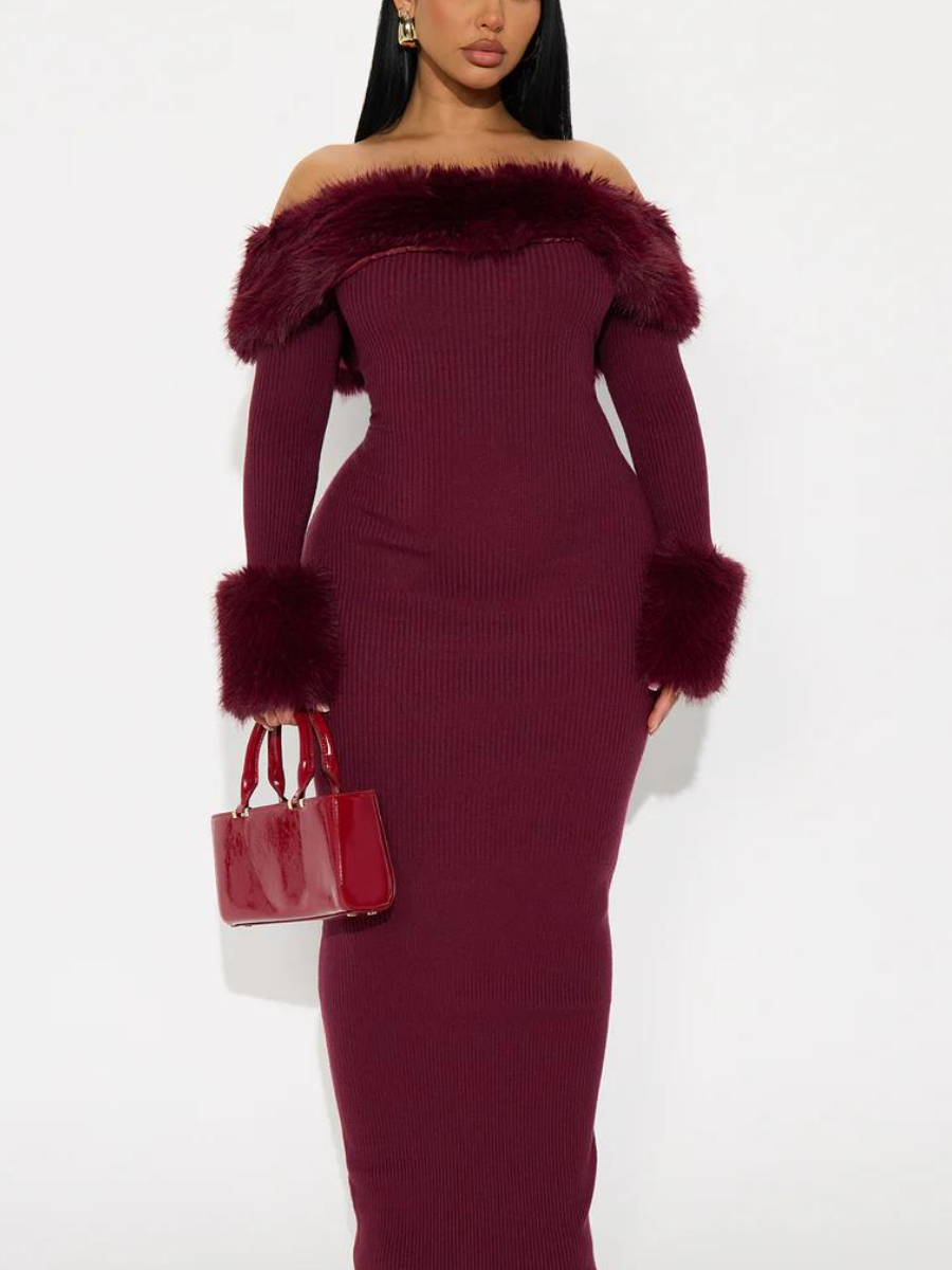 Burgundy Off-the-Shoulder Fur-Trim Dress