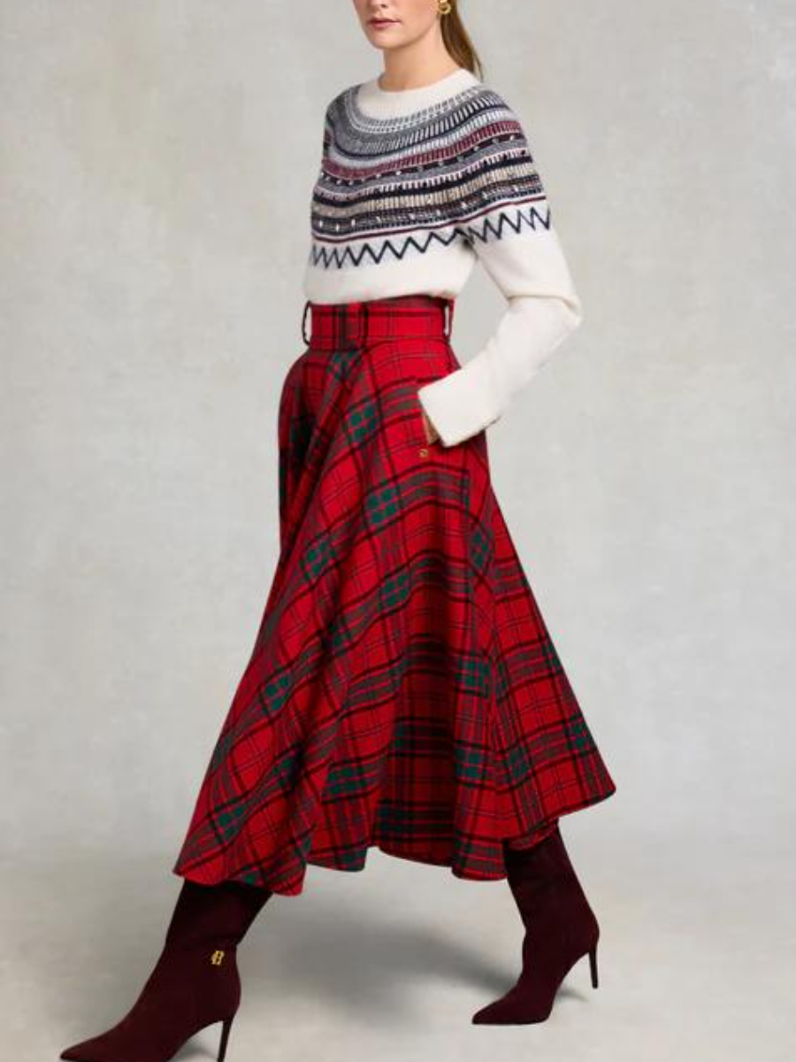 Red Tartan Full A-Line Midi Skirt