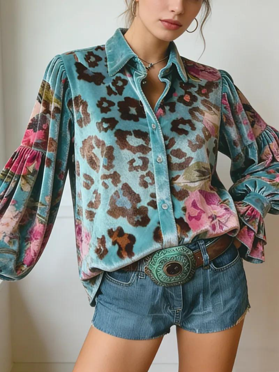 Turquoise Velvet Leopard & Floral Blouse