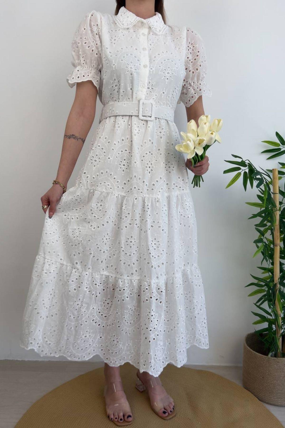White Eyelet Short Sleeve Midi Shirt Dress