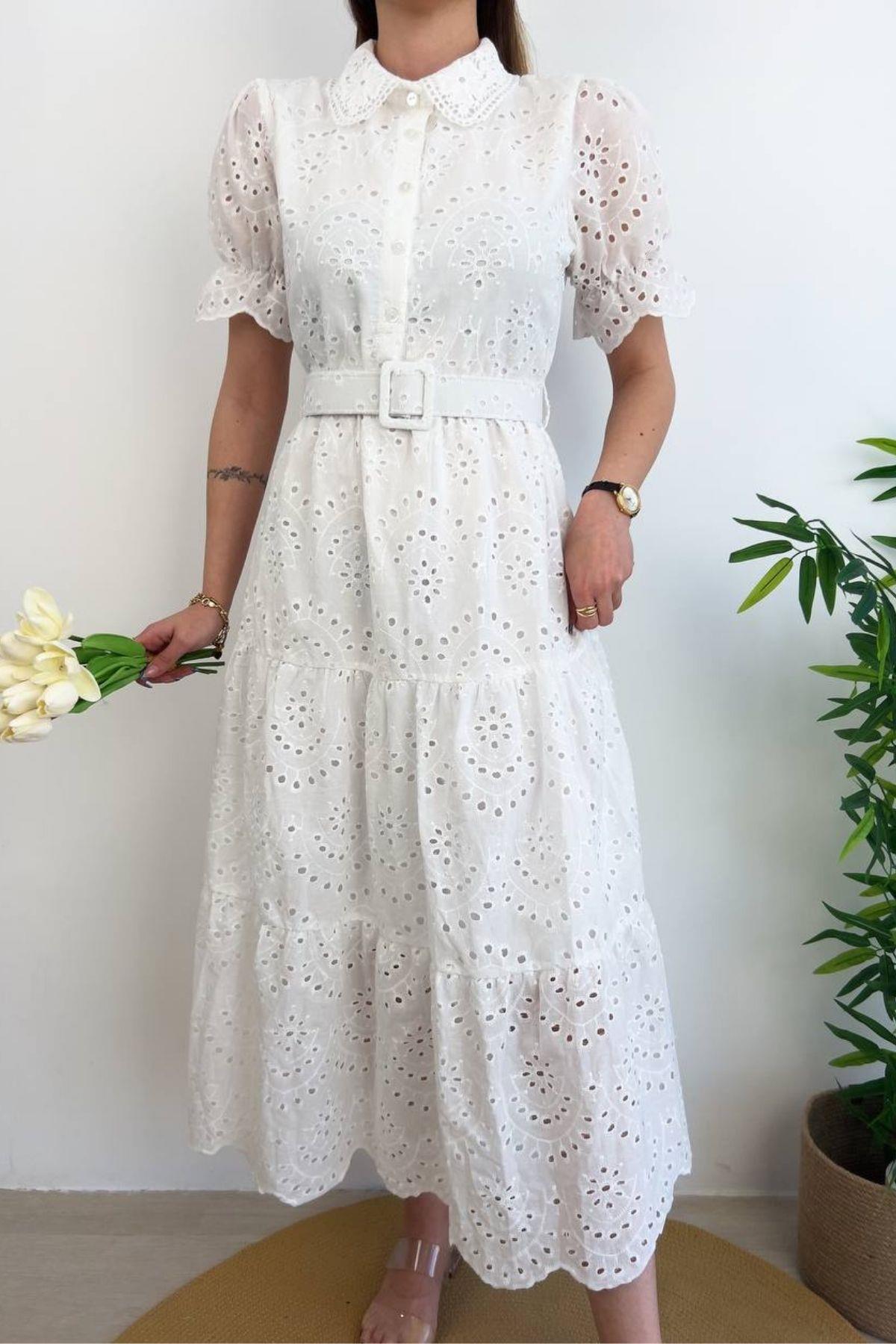 White Eyelet Short Sleeve Midi Shirt Dress