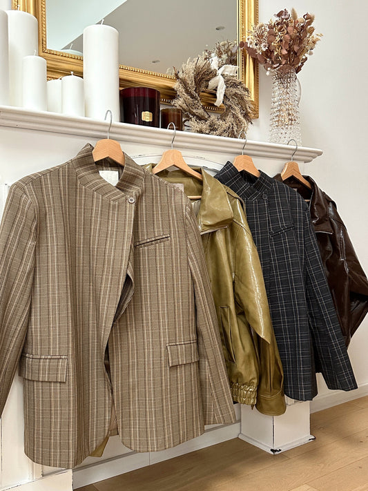Plaid Stand Collar Asymmetrical Blazer