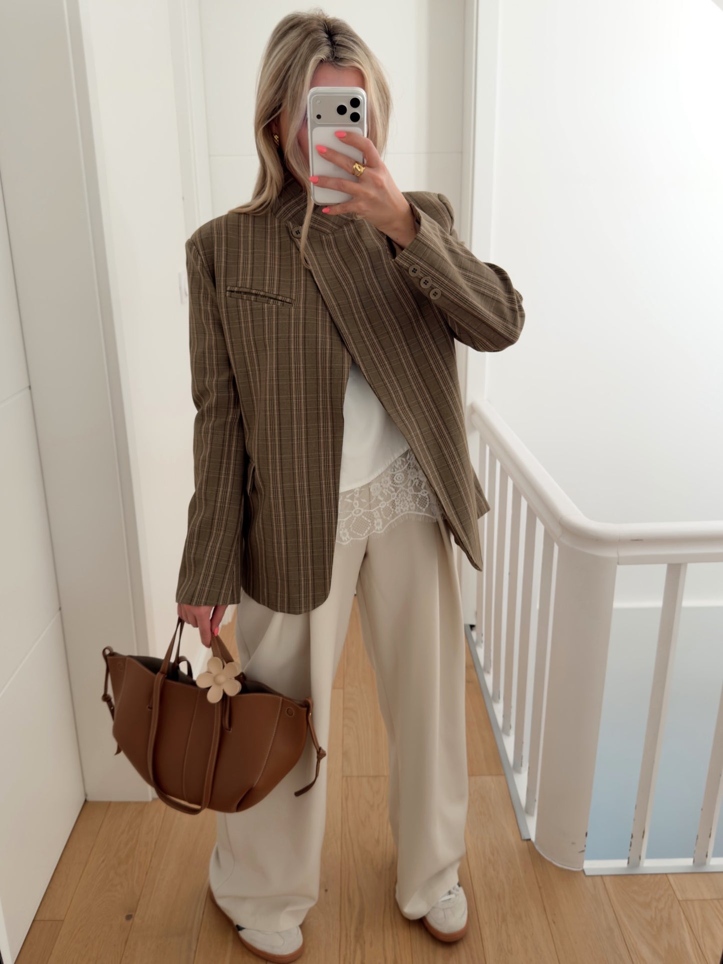 Plaid Stand Collar Asymmetrical Blazer