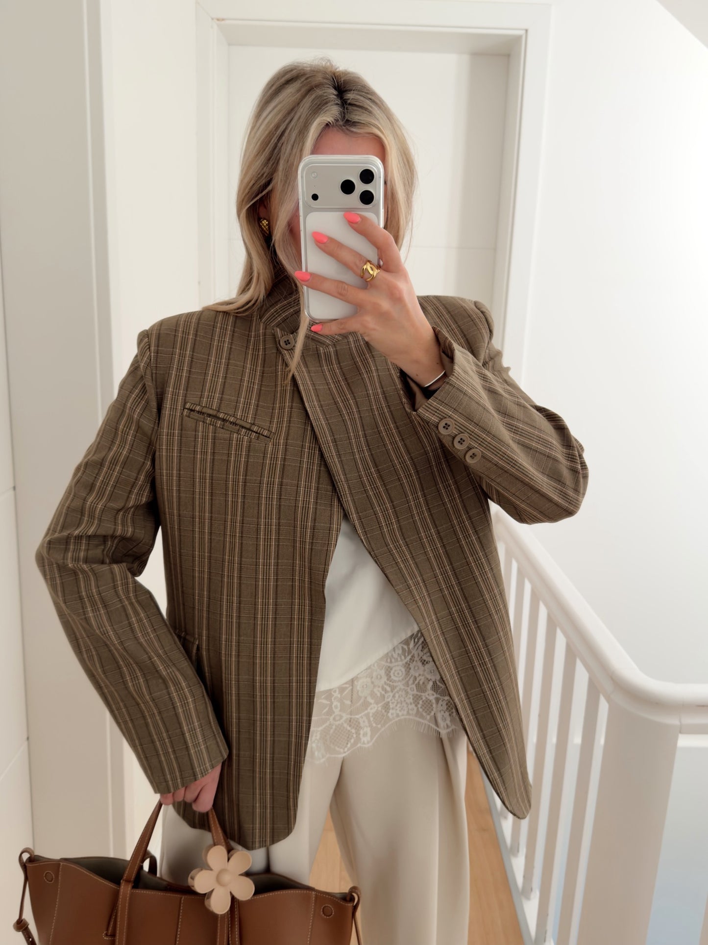 Plaid Stand Collar Asymmetrical Blazer